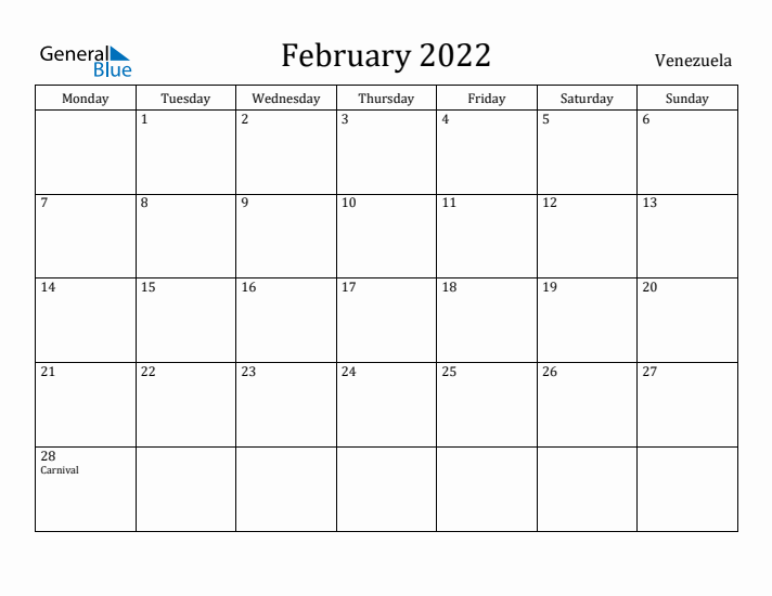 February 2022 Calendar Venezuela