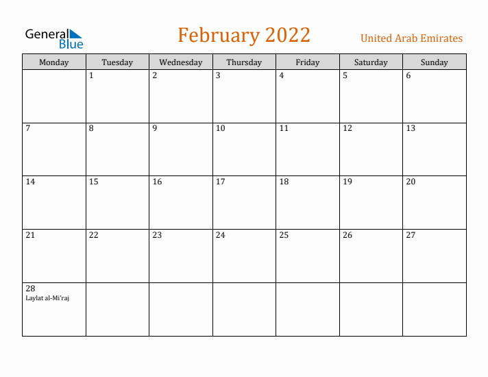 February 2022 Holiday Calendar with Monday Start