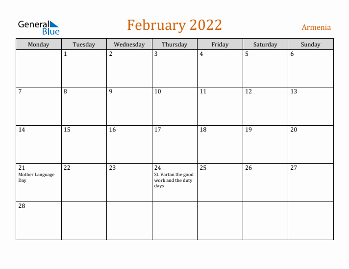 February 2022 Holiday Calendar with Monday Start