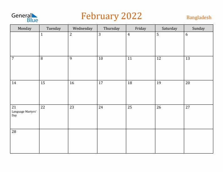 February 2022 Holiday Calendar with Monday Start