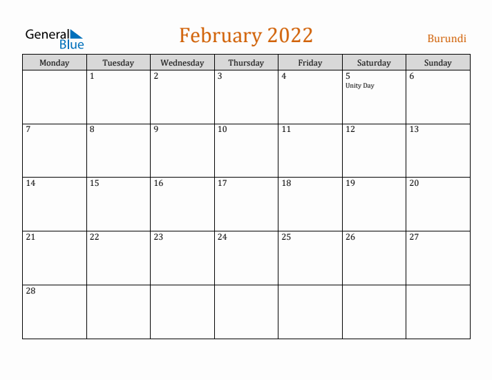 February 2022 Holiday Calendar with Monday Start