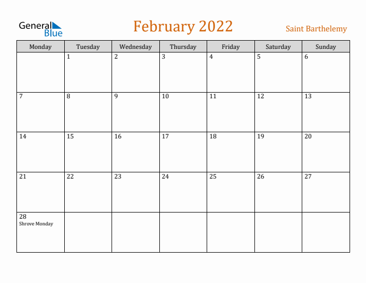 February 2022 Holiday Calendar with Monday Start