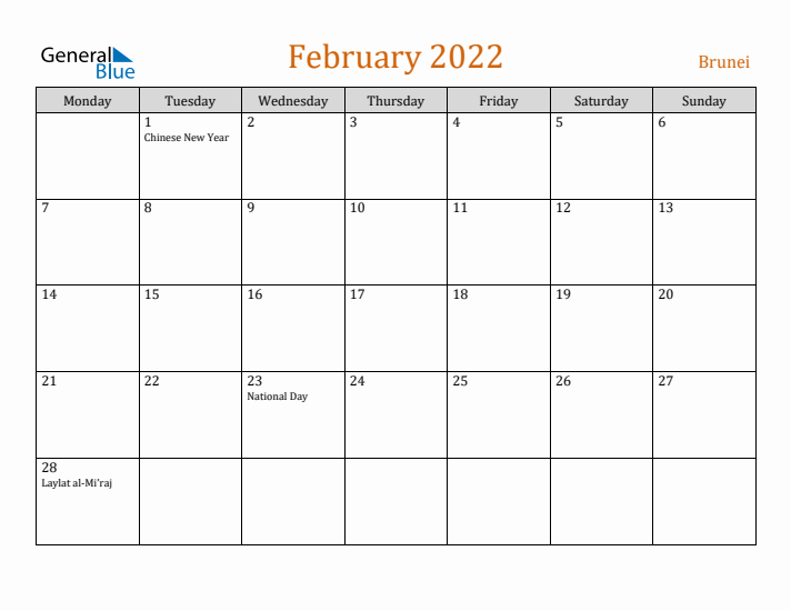 February 2022 Holiday Calendar with Monday Start