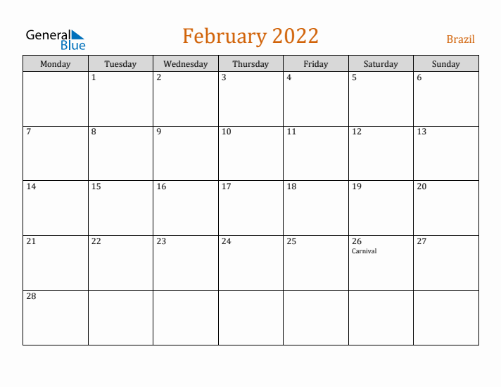 February 2022 Holiday Calendar with Monday Start