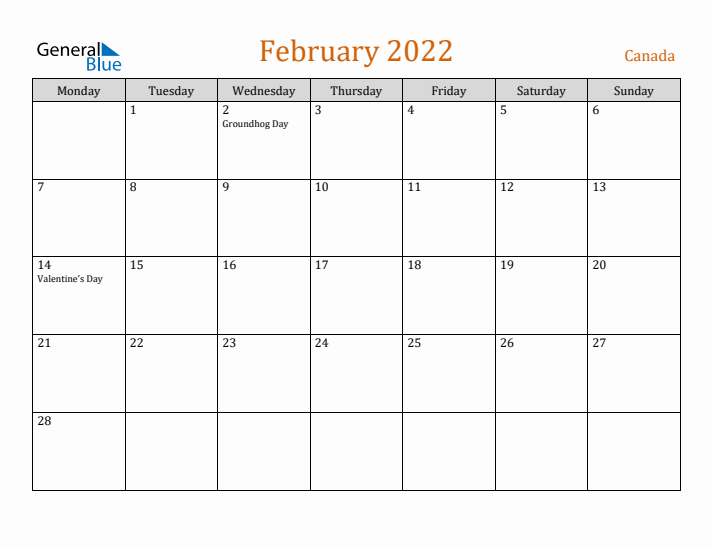 February 2022 Holiday Calendar with Monday Start