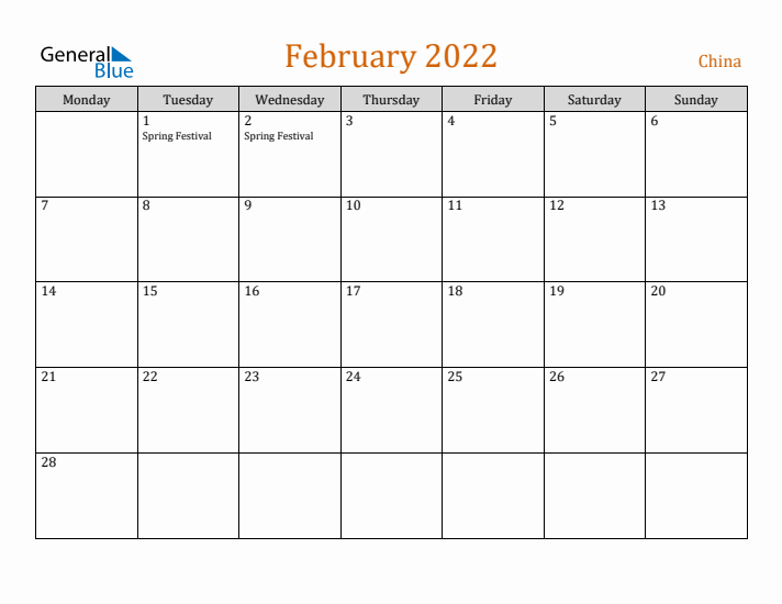 February 2022 Holiday Calendar with Monday Start