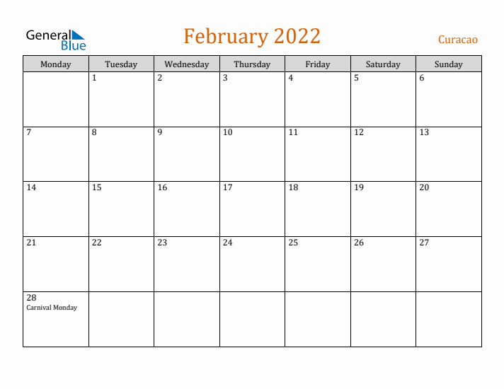 February 2022 Holiday Calendar with Monday Start