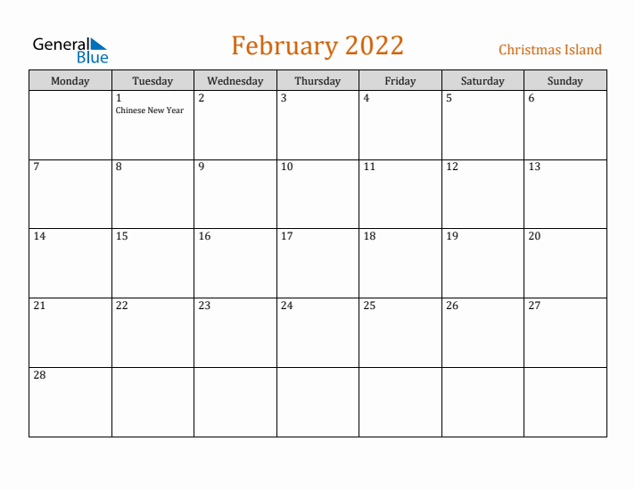 February 2022 Holiday Calendar with Monday Start