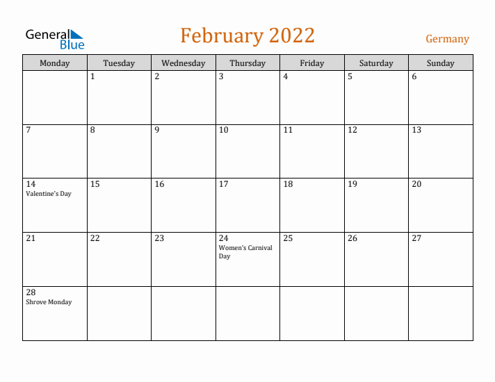 February 2022 Holiday Calendar with Monday Start