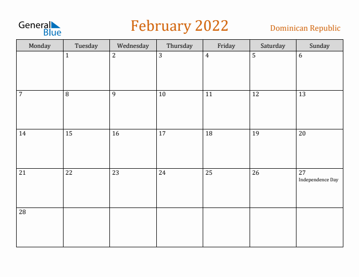 February 2022 Holiday Calendar with Monday Start