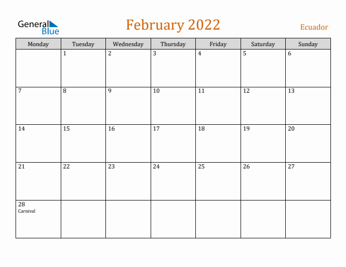 February 2022 Holiday Calendar with Monday Start