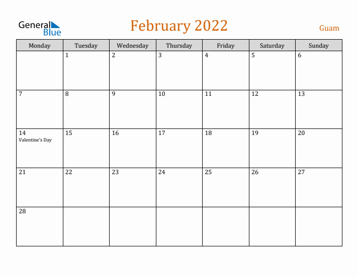 February 2022 Holiday Calendar with Monday Start