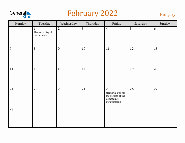 February 2022 Holiday Calendar with Monday Start