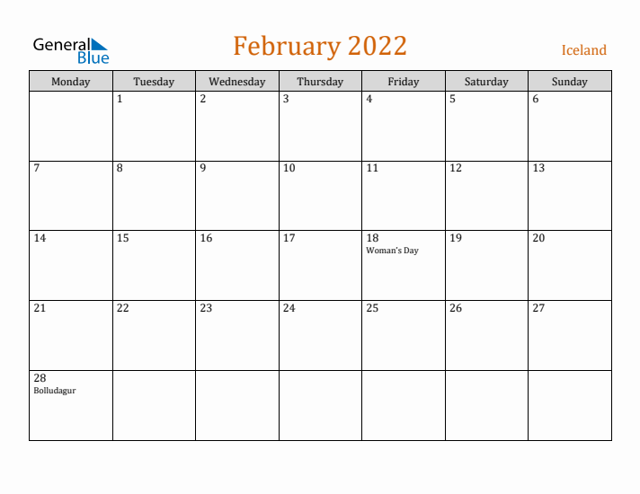 February 2022 Holiday Calendar with Monday Start