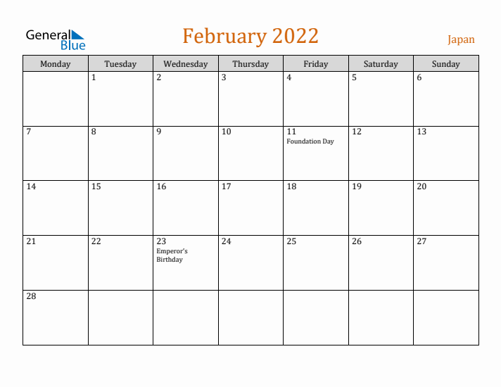 February 2022 Holiday Calendar with Monday Start