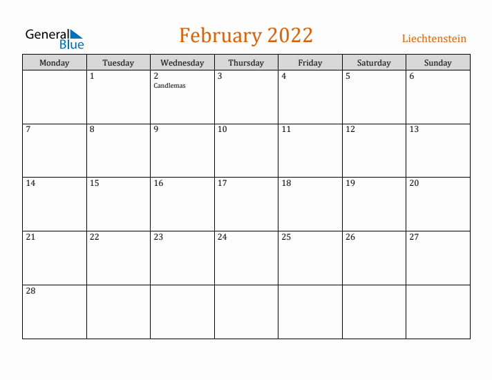 February 2022 Holiday Calendar with Monday Start