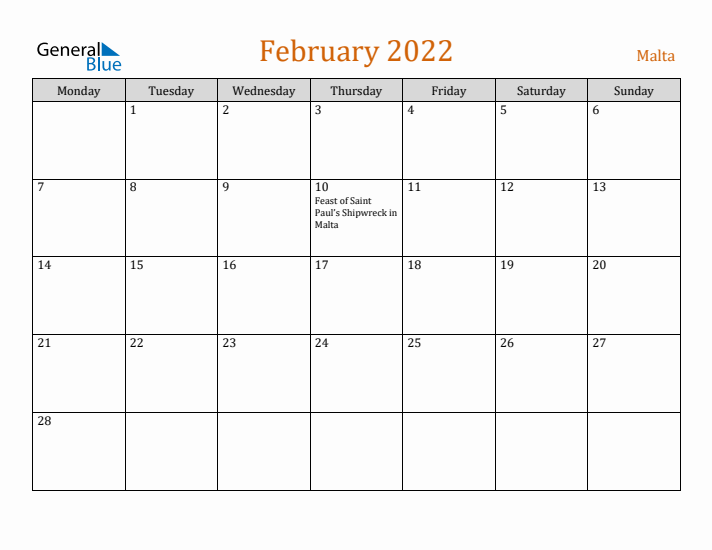 February 2022 Holiday Calendar with Monday Start