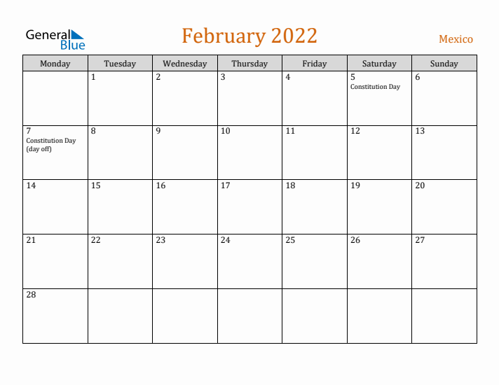 February 2022 Holiday Calendar with Monday Start