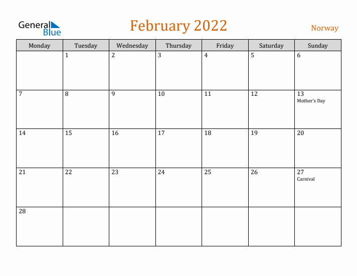 February 2022 Holiday Calendar with Monday Start