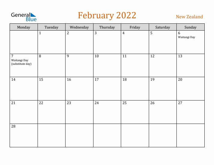 February 2022 Holiday Calendar with Monday Start