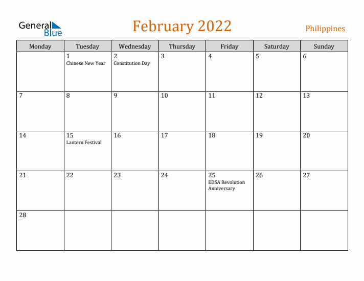 February 2022 Holiday Calendar with Monday Start