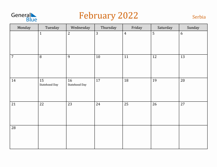 February 2022 Holiday Calendar with Monday Start