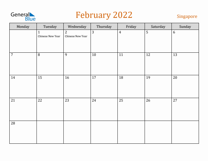 February 2022 Holiday Calendar with Monday Start