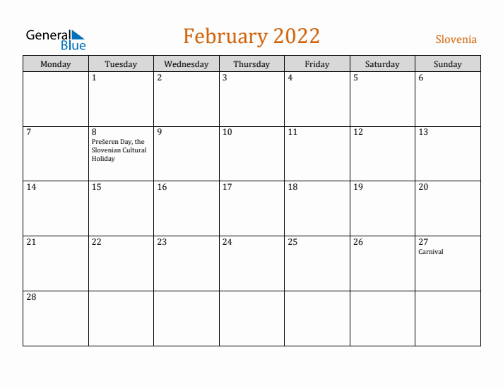 February 2022 Holiday Calendar with Monday Start