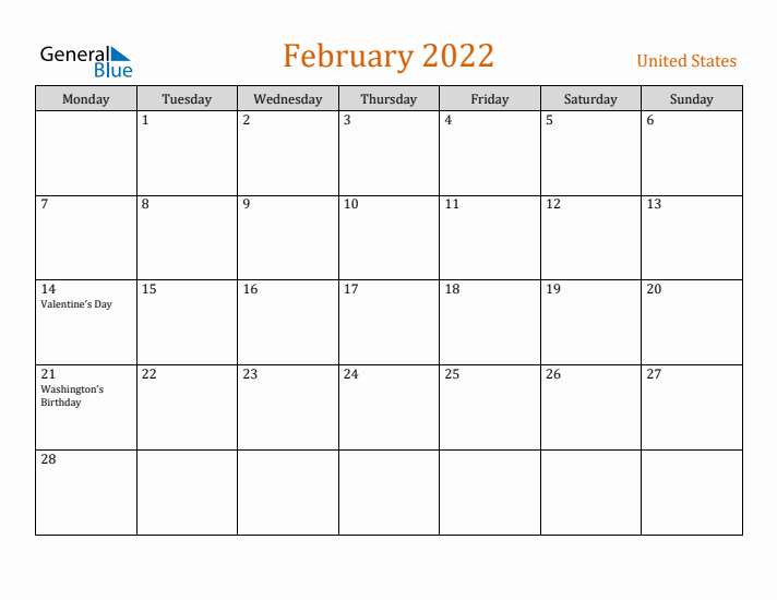 February 2022 Holiday Calendar with Monday Start