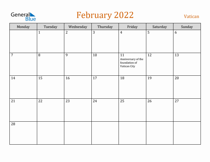 February 2022 Holiday Calendar with Monday Start