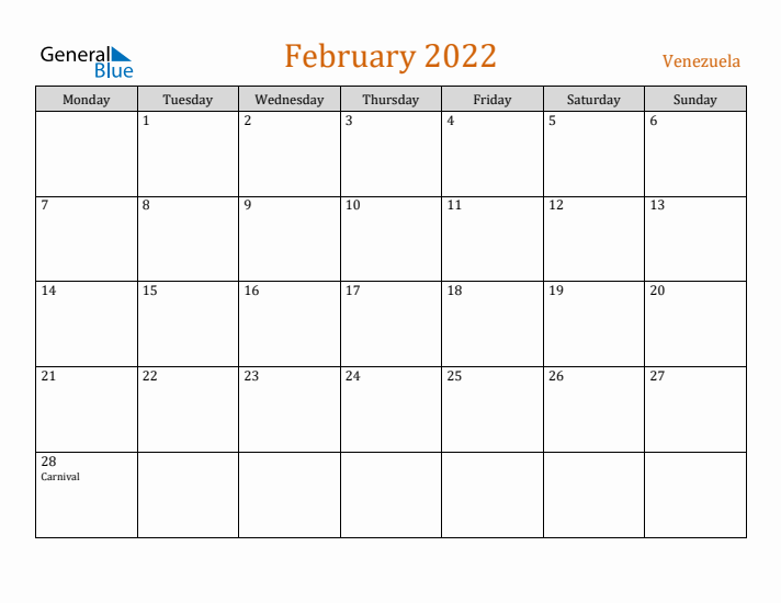 February 2022 Holiday Calendar with Monday Start