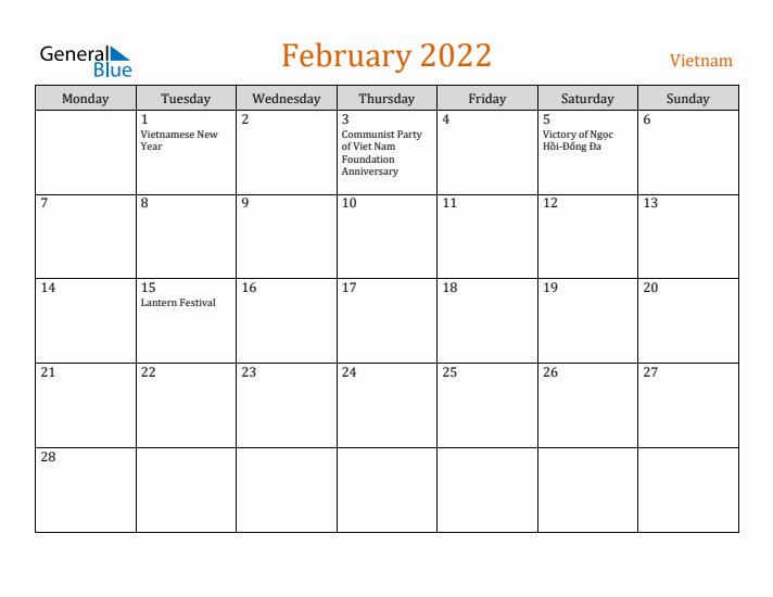 February 2022 Holiday Calendar with Monday Start