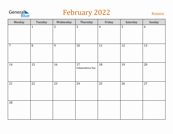 February 2022 Holiday Calendar with Monday Start