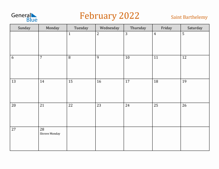 February 2022 Holiday Calendar with Sunday Start