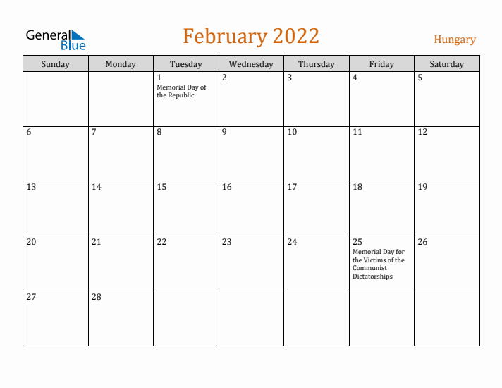 February 2022 Holiday Calendar with Sunday Start