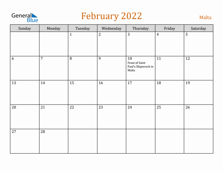 February 2022 Holiday Calendar with Sunday Start