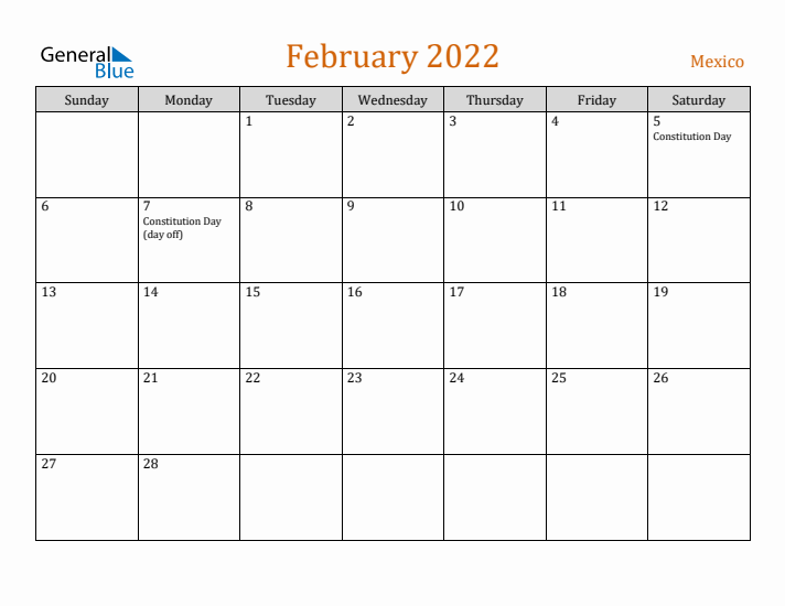 February 2022 Holiday Calendar with Sunday Start