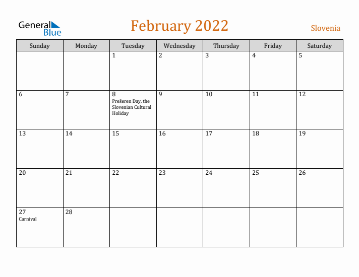 February 2022 Holiday Calendar with Sunday Start