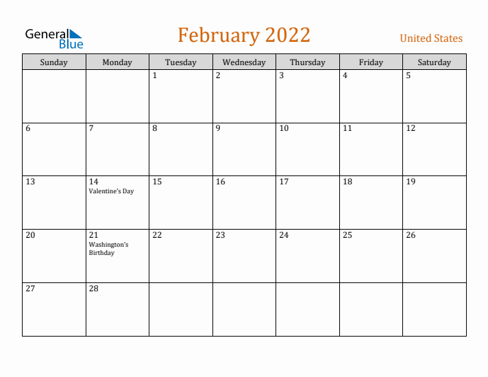 February 2022 Holiday Calendar with Sunday Start