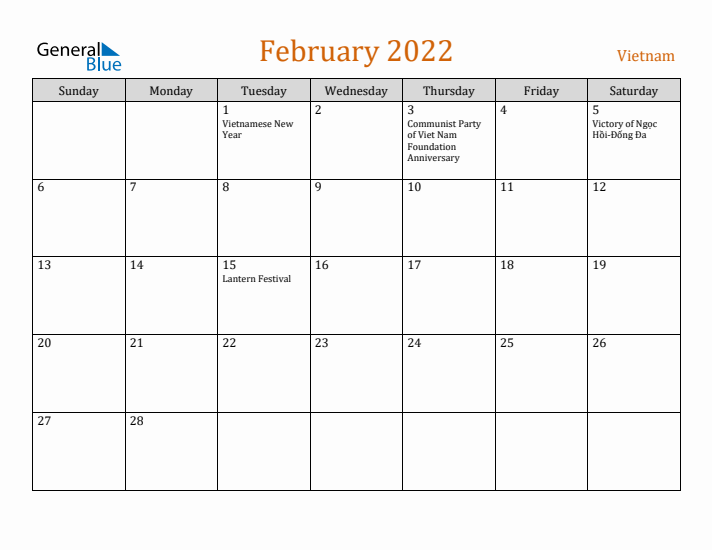 February 2022 Holiday Calendar with Sunday Start