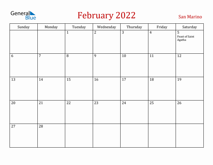 San Marino February 2022 Calendar - Sunday Start