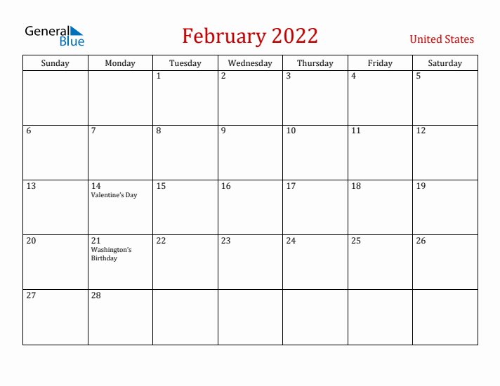 United States February 2022 Calendar - Sunday Start