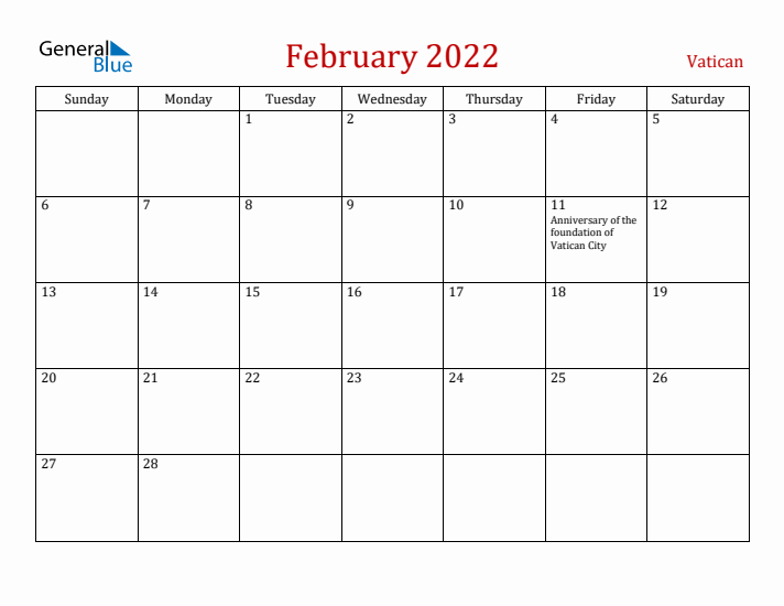 Vatican February 2022 Calendar - Sunday Start