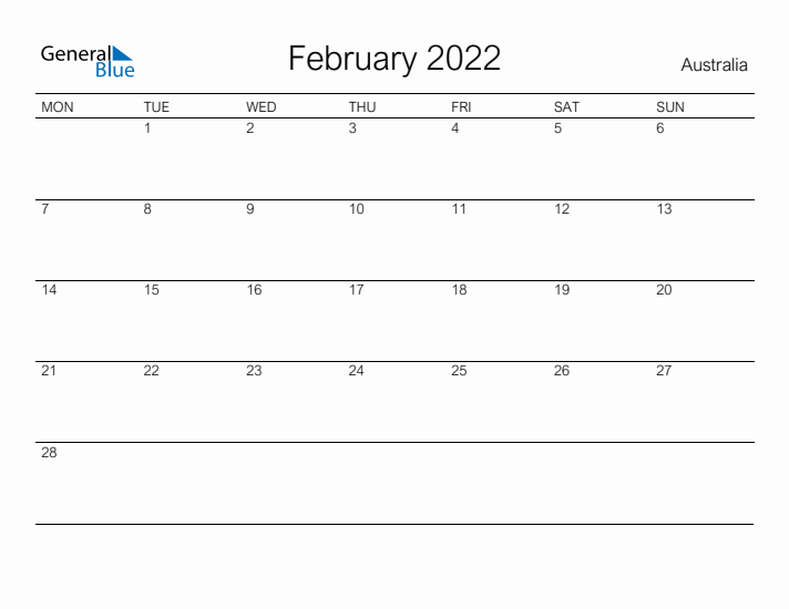 Printable February 2022 Calendar for Australia