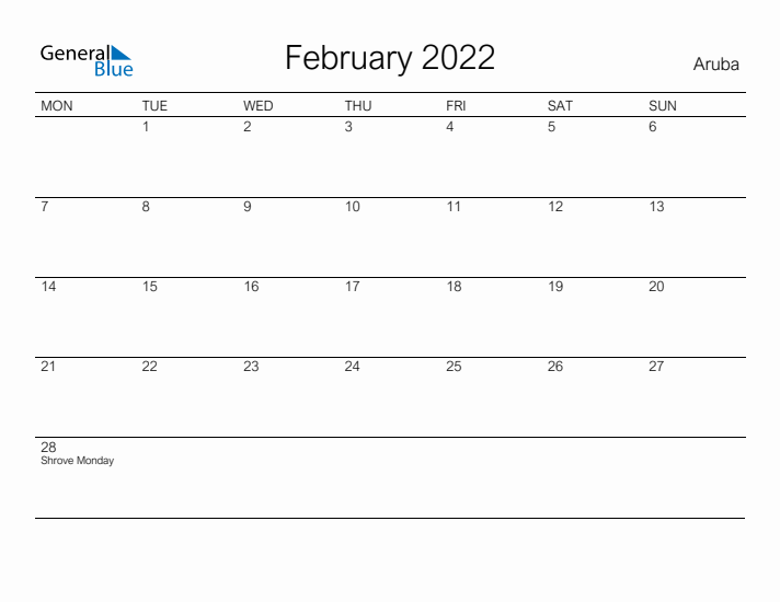 Printable February 2022 Calendar for Aruba