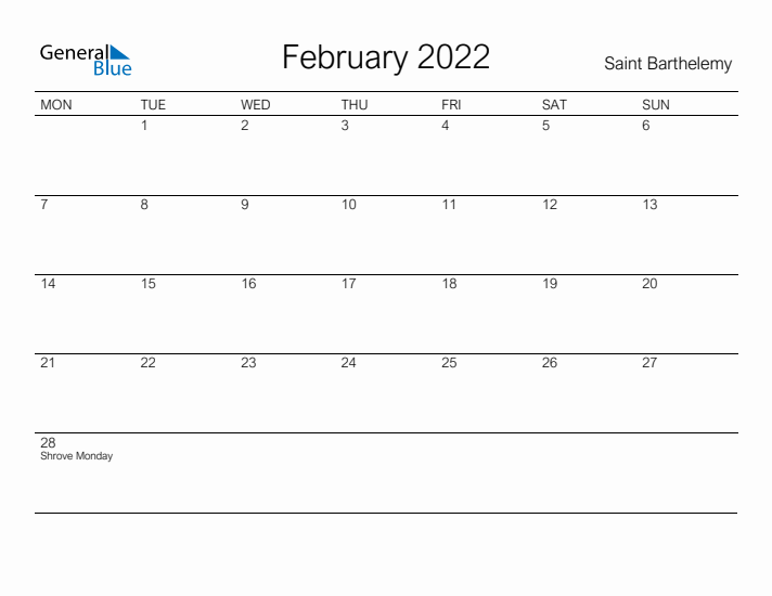 Printable February 2022 Calendar for Saint Barthelemy