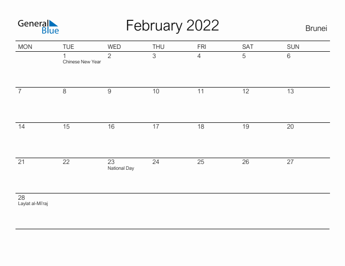 Printable February 2022 Calendar for Brunei