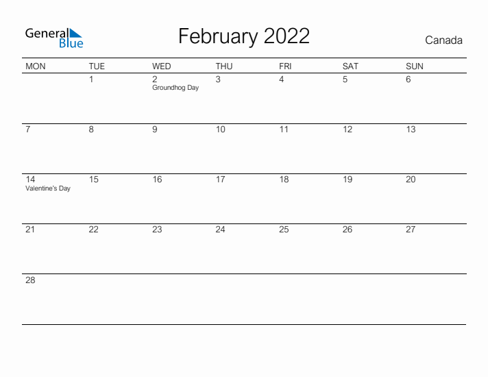 Printable February 2022 Calendar for Canada