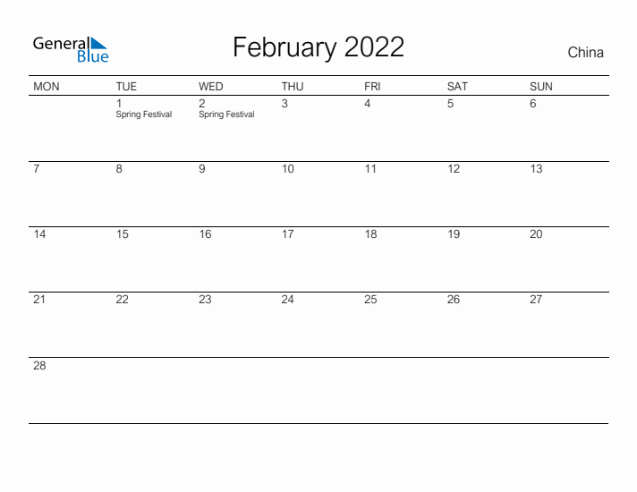 Printable February 2022 Calendar for China