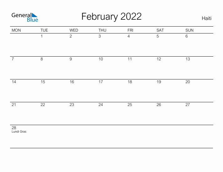 Printable February 2022 Calendar for Haiti